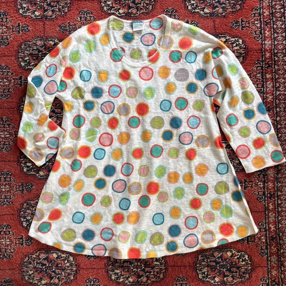 Et' Lois S Circle Print White‎ Knit Pullover Semi Sheer Trapeze Top 3/4 Sleeve
